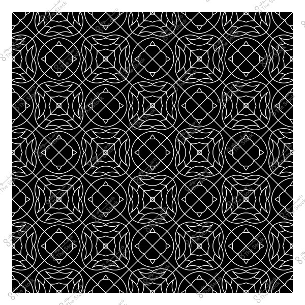 تصميم نمطي هندسي أبيض على خلفية سوداء, يتكون من أشكال دائرية مكررة تتداخل بداخلها خطوط منحنية وأشكال مربعة.
-