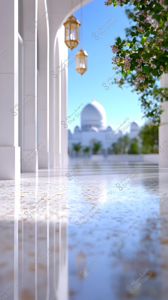 The image depicts a beautiful architectural scene with white columns and a glossy floor reflecting the light. Golden lanterns hang from the ceiling, and in the background, there is a large white dome, likely of a mosque. Flowering green branches adorn the side of the image, adding natural beauty to the scene under a clear blue sky.