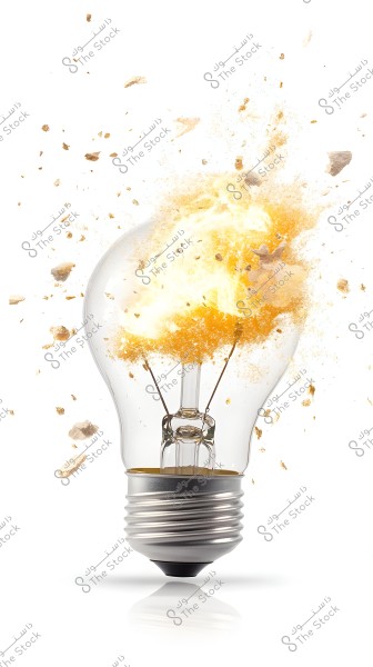 A glass light bulb with a metallic base appears to be exploding. Orange and yellow flames and sparks emanate from the center of the bulb, while small pieces of glass and debris spread in the air. The background is completely white, highlighting the details of the explosion.