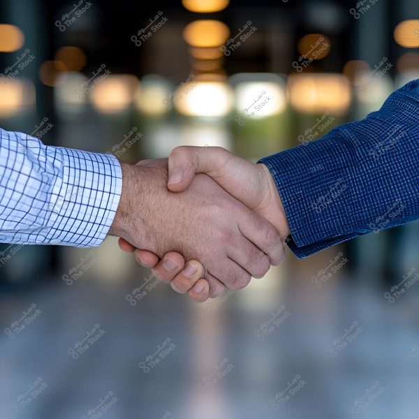 An image of two hands shaking. The person on the left is wearing a blue and white checkered shirt, while the person on the right is wearing a dark blue shirt with fine lines. The background is blurred, showing round, blurred lights.