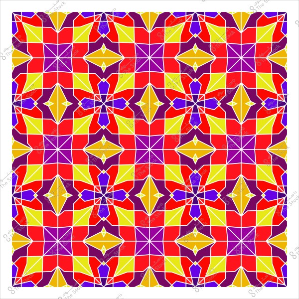 تصميم فسيفساء هندسي ملون يتكون من أشكال هندسية متكررة بألوان الأحمر والأصفر والبنفسجي. النمط يعبر عن الفن الإسلامي التقليدي ويشكل شبكة متناظرة غنية بالتفاصيل والخطوط المستقيمة والمتقاطعة.

-