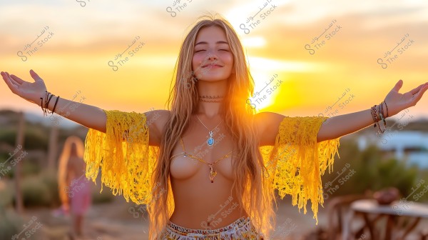 A photo of a woman standing with her arms raised and extended to her sides, smiling towards a setting sun. She is wearing a revealing top, a decorative yellow jacket, and patterned pants. Her neck is adorned with a necklace, and her wrists have several bracelets.