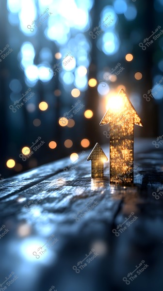 Two illuminated arrows, one small and one larger, stand on a wooden surface in the foreground. The background features colorful bokeh lights ranging from blue to orange, creating a warm and glowing atmosphere.