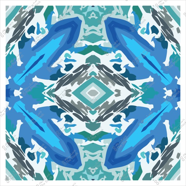 نقش تجريدي بألوان زرقاء وخضراء وبيضاء مع تأثير تماثلي.