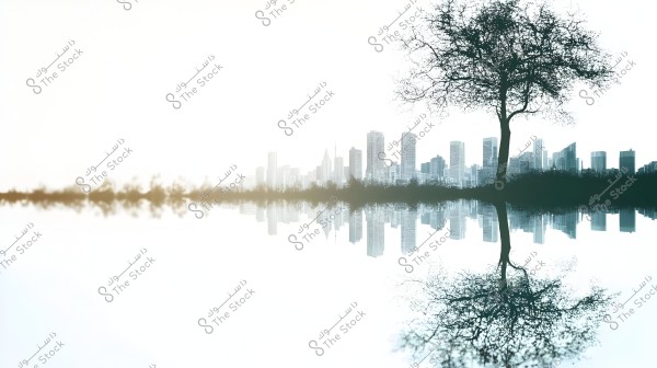 An image depicting a modern city skyline filled with tall skyscrapers, with a bare tree on the right standing next to a body of water that artistically reflects the city\'s skyline and the tree.