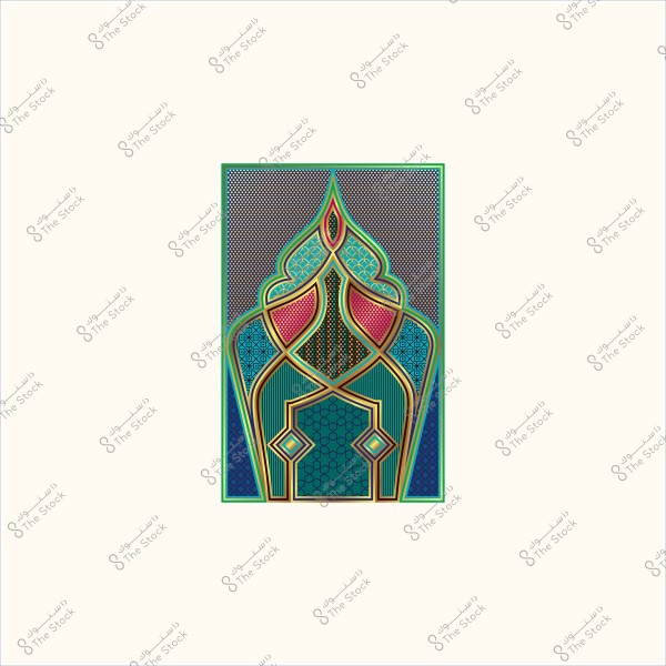 تصميم فني بزخارف هندسية تجريدية, يستخدم ألوانًا زاهية مثل الأزرق والأخضر والذهبي والأرجواني بتفاصيل معقدة.