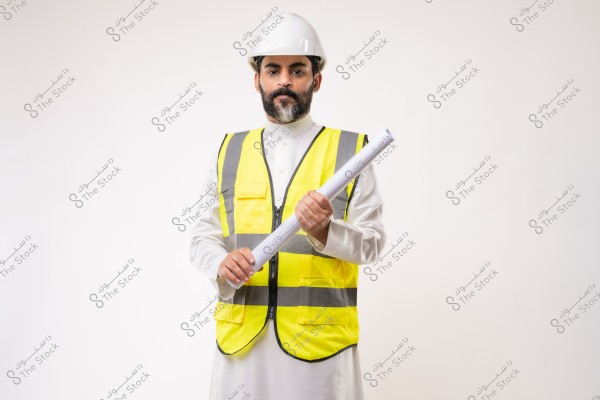 A portrait of a man wearing a yellow safety vest and a white hard hat, holding a rolled blueprint. He is dressed in a traditional white thobe under the vest, suggesting he might be from the Gulf region.