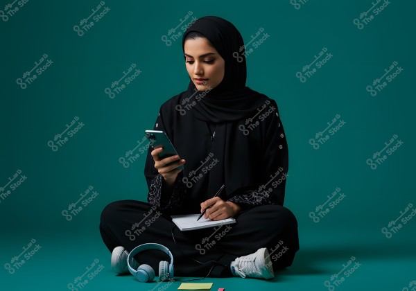 Image of a woman sitting on the floor wearing traditional black clothing and a black hijab. She holds a phone in one hand and writes in a notebook with the other. She appears focused and engaged in her writing. Surrounding her are white headphones and colorful sticky notes. The background is a solid dark green color.