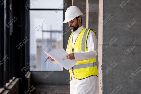 Image of an architect holding blueprints at a construction site. The architect is wearing a white shirt with a bright yellow safety vest and a white helmet. He stands next to a concrete column with large windows in the background, suggesting an unfinished building site.