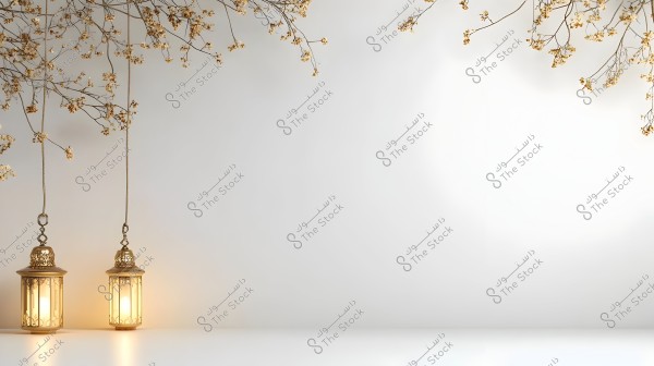 Two illuminated lanterns hanging from slender ropes against a white background. Delicate branches with small light brown flowers dangle from the top, adding an artistic touch to the image.