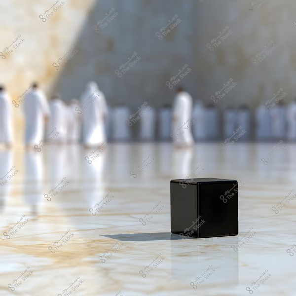 The image shows a small black cube placed on a polished marble floor. In the background, a group of people wearing traditional white clothing can be seen, indicating attire likely from Saudi Arabia or other Islamic countries. The background is blurred, emphasizing the focus on the cube in the foreground.