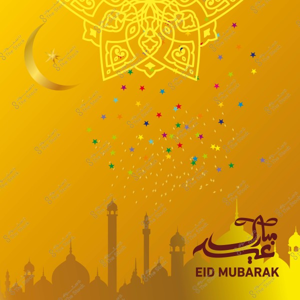 صورة تظهر هلال القمر وزخارف إسلامية مع كتابة \"عيد مبارك\" على خلفية ذهبية ومساجد في الأفق.