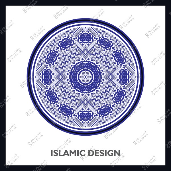 تصميم إسلامي دائري بألوان زرقاء وبيضاء. يحتوي التصميم على أنماط هندسية معقدة تملأ الدائرة بالكامل, مع تفاصيل دقيقة وأشكال متناظرة تشبه الزخارف الإسلامية التقليدية.