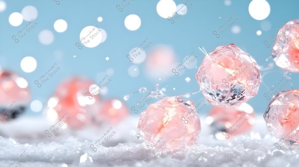 An image showing several transparent crystals with shades of pink scattered on a snowy surface. The background is a light blue with white dots sparkling in the air, creating a sense of softness and vibrancy.