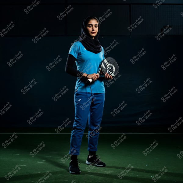 A photo of a woman in sportswear, standing inside a padel court. She is wearing a blue shirt, matching pants, and a black hijab, holding a padel racket. The lighting highlights her features against the dark surroundings.