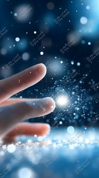 A close-up image of a hand showing two fingers extending forward under soft lighting, with small glowing particles scattered through the air, creating a magical effect against the blurry blue background.