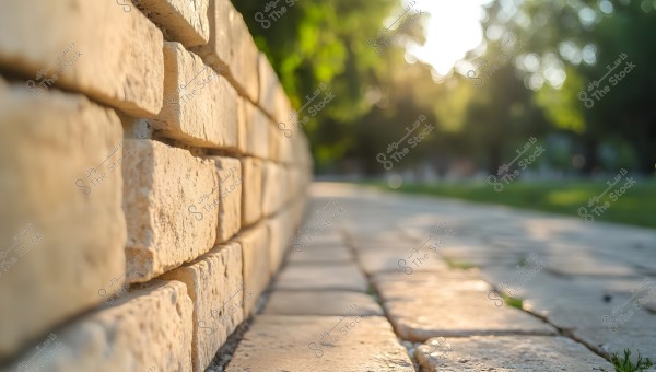 The image shows a low stone wall extending along a paved walkway. Sunlight illuminates the scene, casting a warm glow on the stones. Trees and greenery are blurred in the background surrounding the wall.