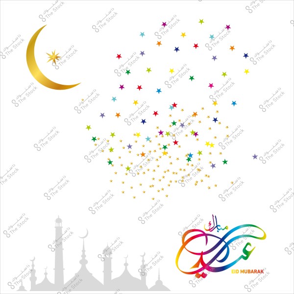 تصميم مزيّن بهلال ذهبي ونجوم متعددة الألوان, مع عبارة \"عيد مبارك\" بخط عربي ملون, ويظهر في الخلفية صورة ظلية لمسجد.
