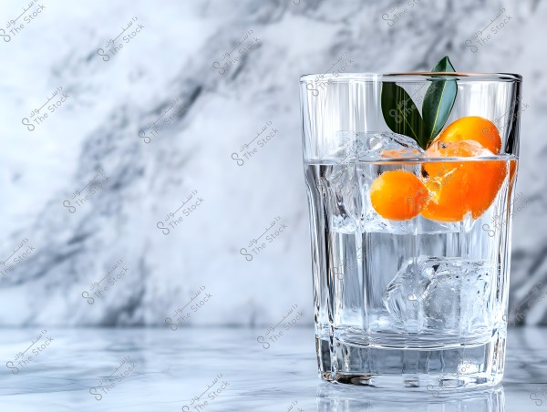 A glass cup filled with water, ice cubes, and small orange slices, garnished with green leaves. The cup is placed on a white marble surface with a blurred gray marble background.