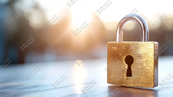 Image of a large golden padlock placed on a wooden surface, with a blurred background of bright sunlight. The padlock is prominently displayed on the right side of the image, while the background fades with natural light.