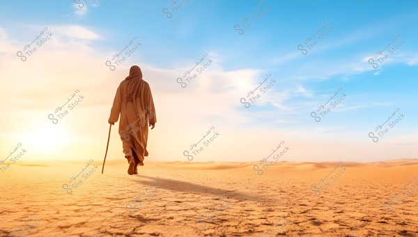 A scene of a man wearing a long robe walking in a vast desert under a blue sky with a bright sun. The man is holding a walking stick, and the ground appears sandy and flat, stretching into the horizon.