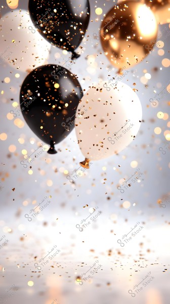 An image shows three balloons colored in black, gold, and white, floating in the air surrounded by bursts of golden glitter. The background is blurred, creating a festive atmosphere.