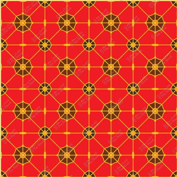 Islamic geometric pattern with red and orange colors featuring repeating shapes.
