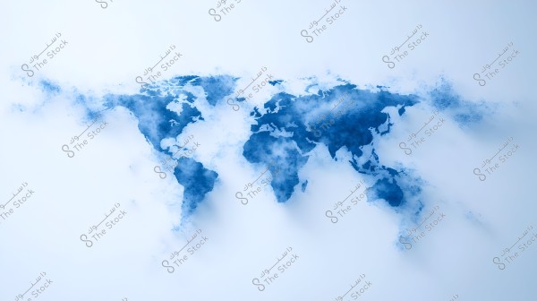An image of a world map in blue, painted in a watercolor style on a white background. The continental shapes gradually fade into the background, giving it an artistic and surreal appearance.