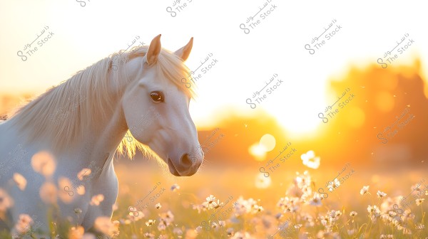 Image of a beautiful white horse standing in a field full of small white flowers during sunset. The golden sunlight shines behind the horse, creating a warm and glowing effect in the picture.