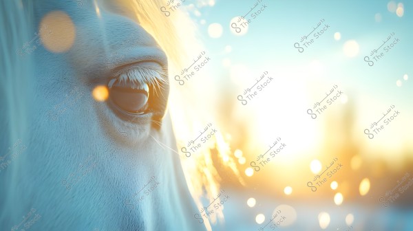 A close-up image of a horse\'s eye illuminated by golden sunlight. Part of the horse\'s head is visible, highlighting exquisite details of the eyelashes and facial hairs. The background features a radiant glow with bokeh effects, adding an artistic touch to the scene.