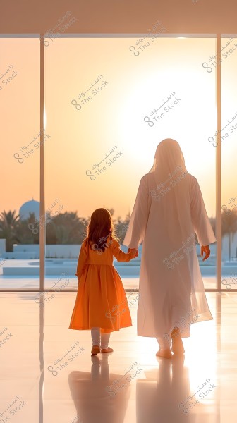 An image depicts a woman in a white abaya holding hands with a young girl in an orange dress, walking hand in hand in a glass-enclosed space with a sunset, palm trees, and an architectural structure possibly a mosque behind them. The warm lighting highlights their shadows on the floor.