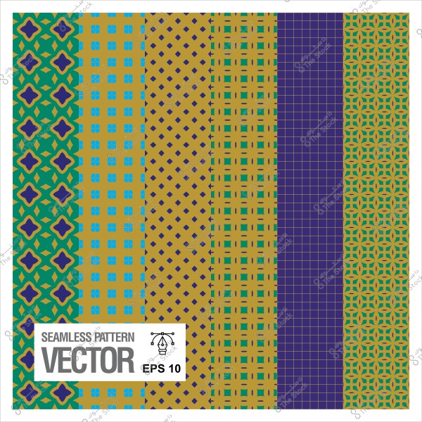 Repeated decorative patterns in green, blue, gold, and purple, featuring different geometric designs in each column.