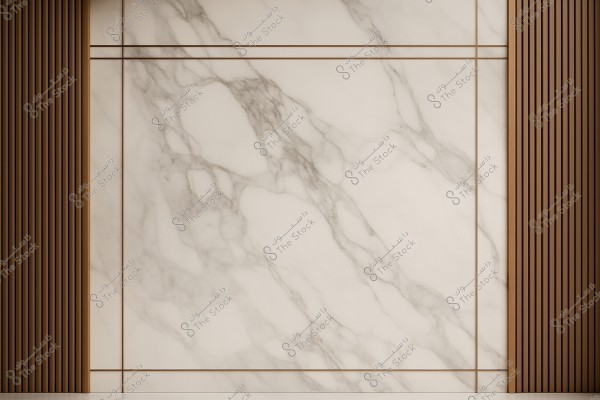 An image of an elegant interior wall made of white marble with grey veining running through it. The marble is framed on both sides by vertical wooden slats, adding a touch of elegance and creating a balance between natural aesthetics and modern luxury.