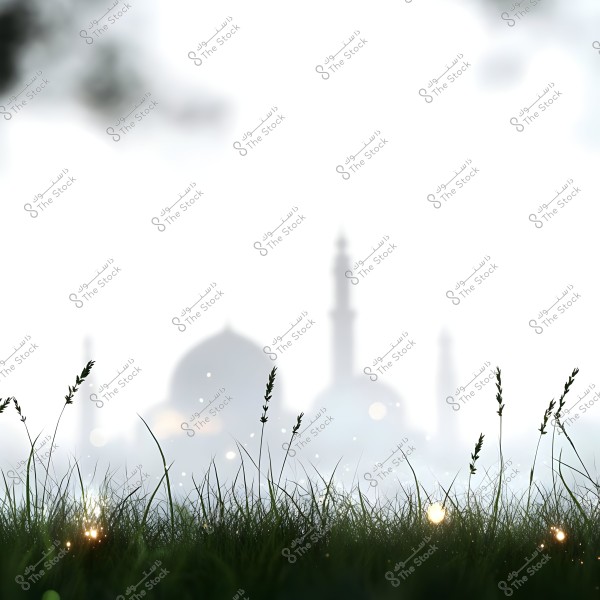An image of a grassy field in the foreground, with subtle sparkles appearing among the plants. In the background, a blurred silhouette of a mosque with a minaret and dome creates a serene, misty atmosphere.