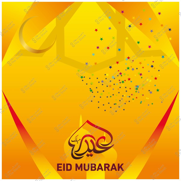 Eid Mubarak greeting card featuring a crescent moon and colorful stars on a yellow background, with \"Eid Mubarak\" written in Arabic and English.