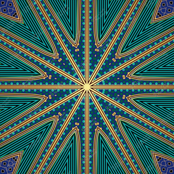 تصميم هندسي ذو نمط متماثل بألوان زرقاء وخضراء وذهبية يشبه النمط الإسلامي.
