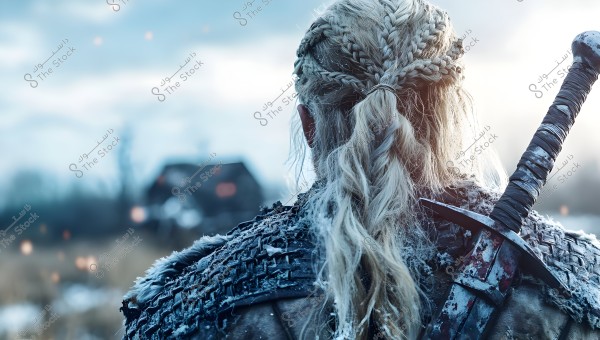 The image shows a person from behind with long braided blonde hair, wearing a rugged warrior armor made of leather and metal. The person is carrying a sword with a wrapped handle and a wide hilt. The background is a misty scene with a wooden house on the horizon and some sparks flying in the air. The scene conveys a cold, wintery atmosphere.