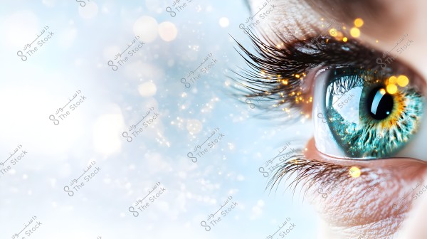 A close-up image of a human eye with blue, green, and golden hues. The eyelashes are prominently visible with some sparkling lights surrounding the eye. The background is blurry with a light blue color and faint star-like lights.