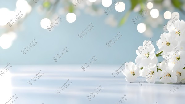 A cluster of delicate white flowers is placed on a smooth light blue surface. The background features a bokeh effect with soft white circles and a gentle blue color, creating a calm and soothing ambiance in the image.