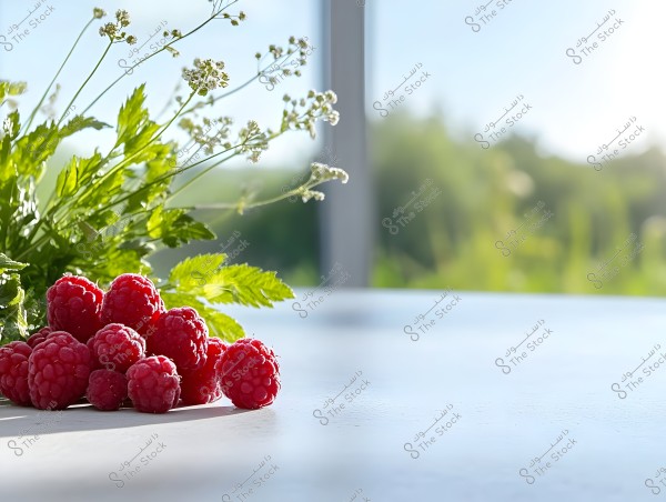 The image shows a cluster of ripe red raspberries resting on a shiny white table. Beside the raspberries, there are green herbs with large leaves and small white flowers. The background features a blurred natural scene with bright daylight, providing a sense of calm and nature.