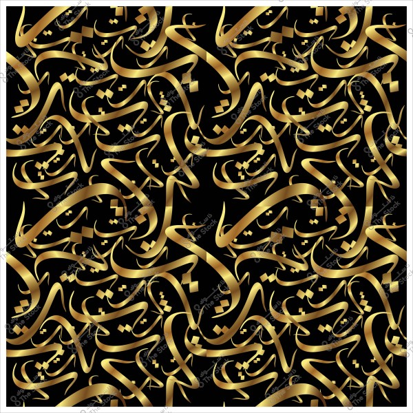 Background with ornate golden Islamic patterns on a black backdrop.