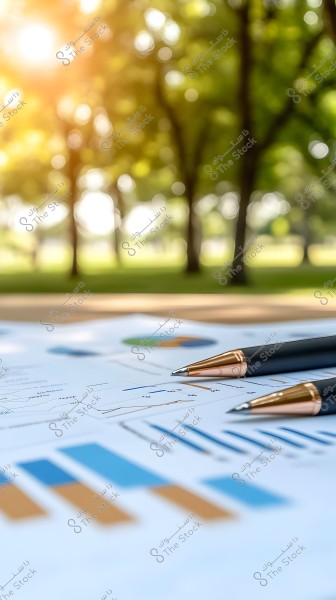 The image shows colorful charts on a paper placed on a table, with two pens having silver and gold tips. In the background, there is a natural scene with green trees and warm sunlight shining from above.