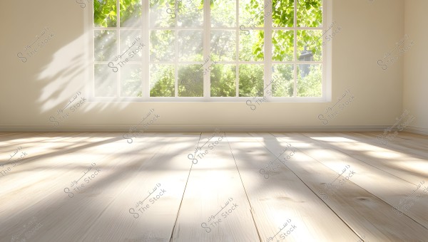The image shows a bright, empty room with a smooth wooden floor. Sunlight pours in through a large window divided into square panes, casting shadows of trees and green foliage on the floor and wall.