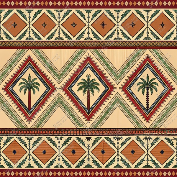 صورة لنمط زخرفي تقليدي يظهر أشكالاً هندسية تتضمن نخيل في مركز المربعات الكبيرة. تتميز الألوان المستخدمة بالأحمر والأخضر والبني والبيج, مع تفاصيل دقيقة تبرز الطابع التراثي العربي.