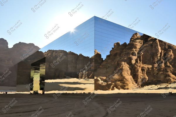 A large building with a facade covered in mirrors reflecting the surrounding rocky mountains in a desert area. The sun glimmers on the horizon, enhancing the reflective image on the building. There are no plants or water in the image, indicating a dry desert environment.