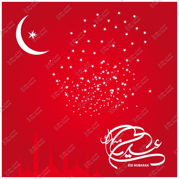 Eid greeting image featuring a crescent and white stars on a red background, with \"Eid Mubarak\" in Arabic calligraphy.