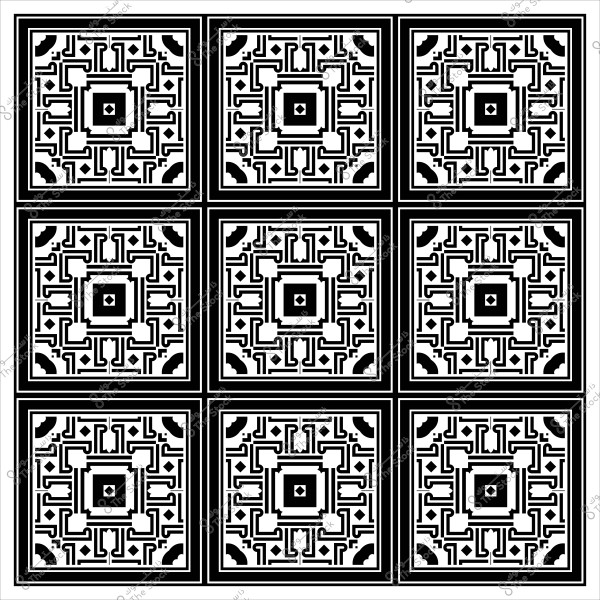 Black and white mosaic design with a geometric pattern consisting of nine repeated squares.