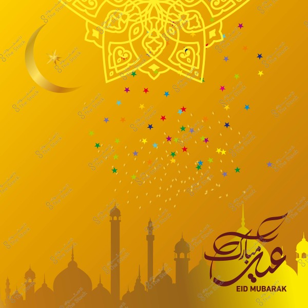 Eid Mubarak greeting design with a yellow background featuring a crescent moon, Islamic patterns, and star decorations, with \"Eid Mubarak\" written at the bottom.