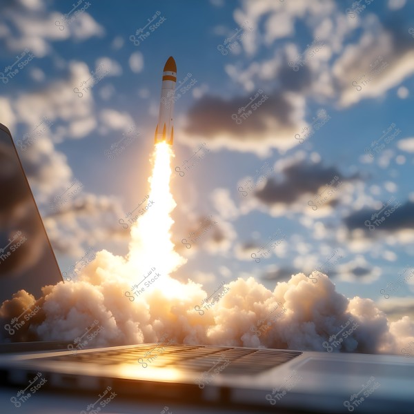 The image shows a rocket launching from what appears to be a laptop keyboard, with plumes of smoke and fire beneath the rocket. The background is a blue sky with scattered clouds, symbolizing launch and technological innovation.