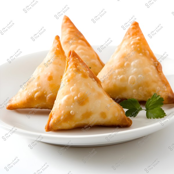 Four pieces of fried samosas placed on a white plate, appearing golden and crispy. The plate is garnished with fresh parsley leaves beside the samosas.